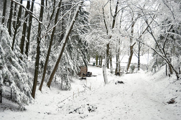 Snowbound forest and old wooden mill at frozen lake.