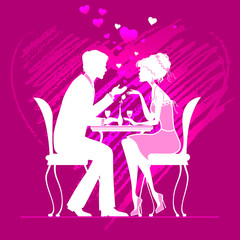 couple in love  in a cafe on dark pink background with hand draw