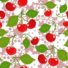 Seamless pattern with red cherries on a white lacy napkin.