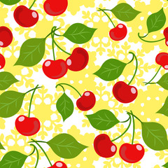 Seamless pattern with red cherries on a yellow napkin.