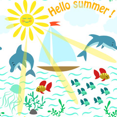 Fototapeta na wymiar Seamless pattern with sea, sailing, dolphin and inscription Hello summer.