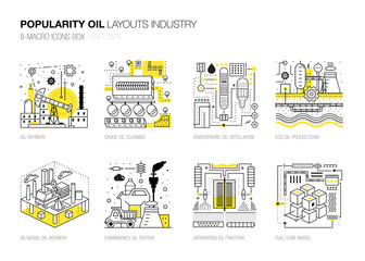 Popularity modern layouts oil industry in new flat line style with gas station electrical, petrol technology and refinery systems development. infographics strategy program. Pictogram for design.