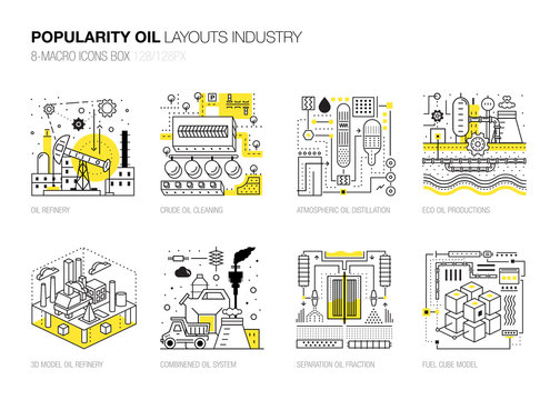 Popularity modern layouts oil industry in new flat line style with gas station electrical, petrol technology and refinery systems development. infographics strategy program. Pictogram for design.