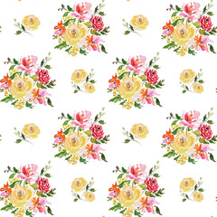 Seamless pattern with yellow roses and bouquets of summer flowers.