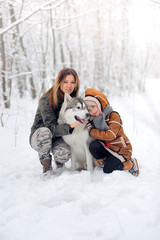 happy family with dogs huskies