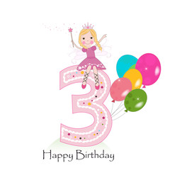 Happy third birthday greeting card. Cute fairy tale 