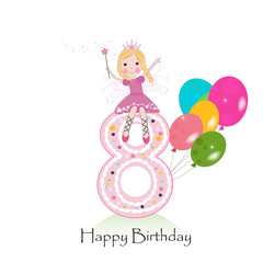 Happy eighth birthday greeting card. Cute fairy tale 