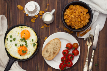 breakfast on brown wooden background