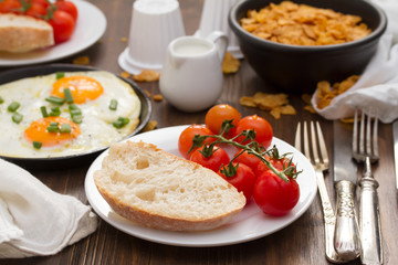breakfast on brown wooden background