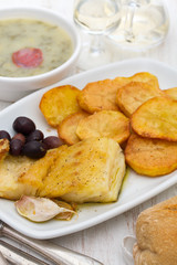 fried cod fish with potato on white dish