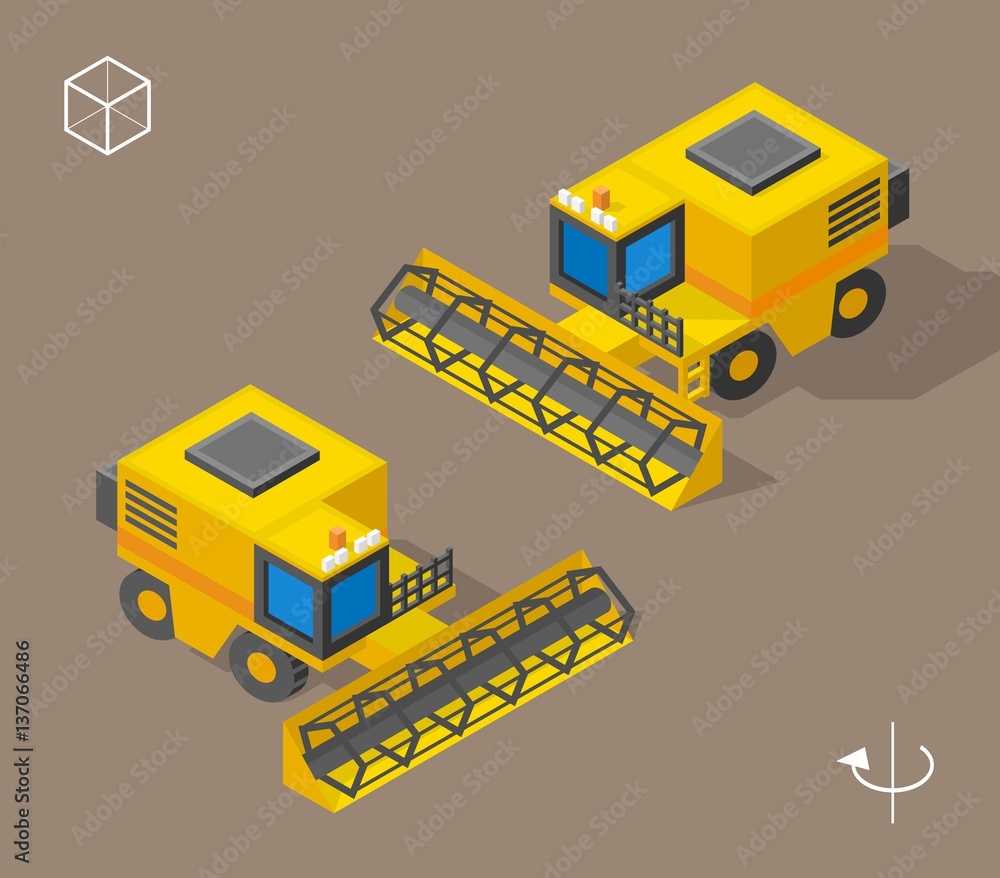 Poster set of isolated isometric minimal city elements . harvester with shadows on dark background