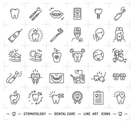 Stomatology icon Dental care logo. Symbols teeth, dentist, smile, caries, implant, office. Dentistry thin line art icons, Vector flat illustration
