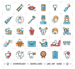 Stomatology icon Dental care logo. Colorful dentistry thin line art icons. Symbols teeth, dentist, smile, caries, implant, office. Vector outline elements