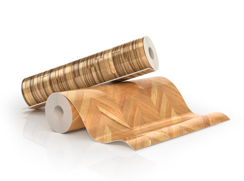 Two Rolls Of Linoleum With Wood Texture. 3d Illustration