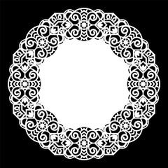 Lace round paper doily, lacy snowflake, greeting element,  template for cutting  plotter, round pattern, laser cut  template, doily to decorate the cake,  vector illustrations.