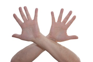 мужские руки с растопыренными пальцами на белом фоне