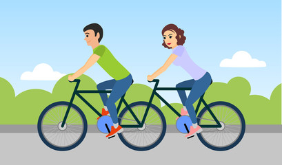 Fototapeta premium Couple of man and woman are riding a tandem bicycle outdoors. Vector illustration