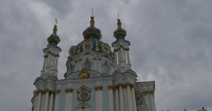 Majestic View on Splendid Columns and Golden Domes of the Saint Andrew's Church Overlooking the Historic Podil Neighborhood