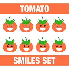 vector illustration with funny tomato flat character smile set on white background.Cute flat tomato smile character set