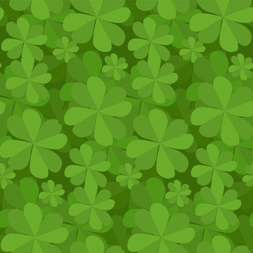 Seamless floral texture with a happy four-leaf clover. Vector flat pattern for your creativity
