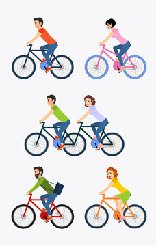 Vector illustration set of cyclists riding bike including tandem bicycle.