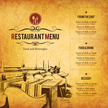 Restaurant menu design. Vector menu brochure template for cafe, coffee house, restaurant, bar. Food and drinks logotype symbol design. With a sketch pictures