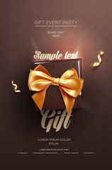 Brown Festive flyer or poster. Top view on gift box and bow with beautiful backdrop