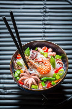 Tasty seafood noodle with prawn and octopus
