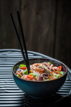 Hot seafood noodle with prawn and octopus