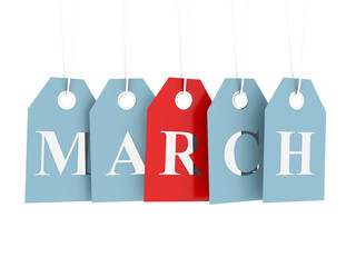 March tag on hanging labels isolated on white background