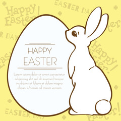 Happy Easter holiday greeting card with bunny and Easter Egg. Postcard template. Typography on the background. Vector illustration.