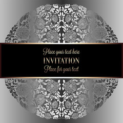 Baroque background with antique, luxury silver and gray vintage frame, victorian banner, damask floral wallpaper ornaments, invitation card, baroque style booklet, fashion pattern, template for design