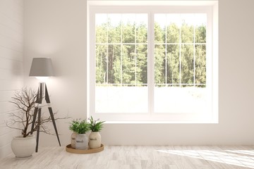 Fototapeta na wymiar Modern interior design with lamp and green landscape in window