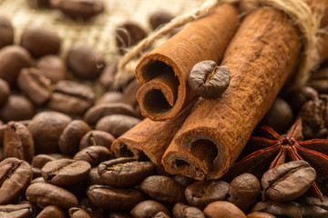 coffee beans, spices and cinnamon star anise