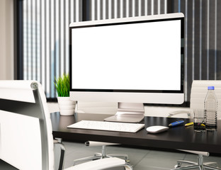 Fototapeta premium 3D Modern office with blank computer screen. Mockup