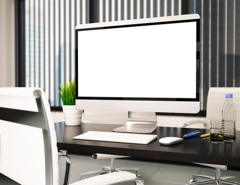 3D Modern office with blank computer screen. Mockup