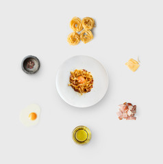 Cooking ingredients for italian food, carbonara, isolated on white