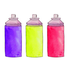 Three colorful aerosol cans. Spray paint cans. Graffiti paint bottle. Watercolor hand drawn illustration. Isolated on white background.