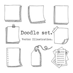 Hand drawn vector set of paper sheet, pack of paper, tag, sticky note, notepad page with pin, scotch tape and paperclip. Doodle style illustration paper sheets for messages. Collection of doodle icons