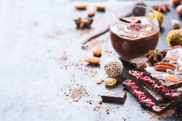 Stack of chocolate bars praline truffle and mousse