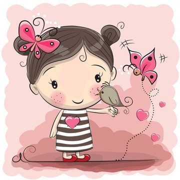 Cute Cartoon Girl with bird