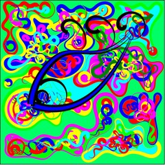 Abstract seamless colored fragments of pieces with colored threads of red, pink and blue, green and yellow waves from the center tend to throughout the drawing and an eye in the center of the picture