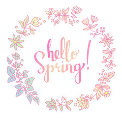 Floral wreath and hand lettering vector words Hello Spring