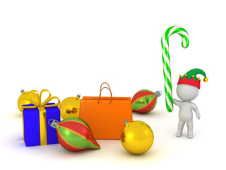 3D Character with Elf Hat, Candy Cane, Christmas Gifts and Globe