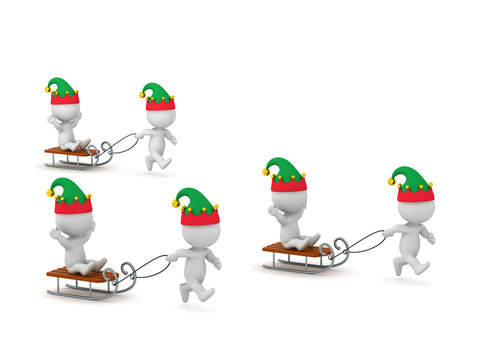 3D Characters in Elf Hats Riding Sleds