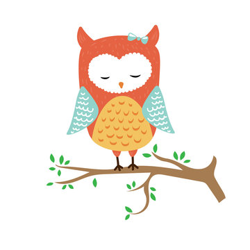 vector illustration of cute sleeping owl on the tree with leaves. Great for nursery decoration or card for children