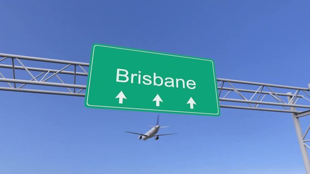 Twin engine commercial airplane arriving to Brisbane airport. Travelling to Australia conceptual 4K animation