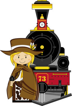 Cute Cartoon Cowboy and Steam Train