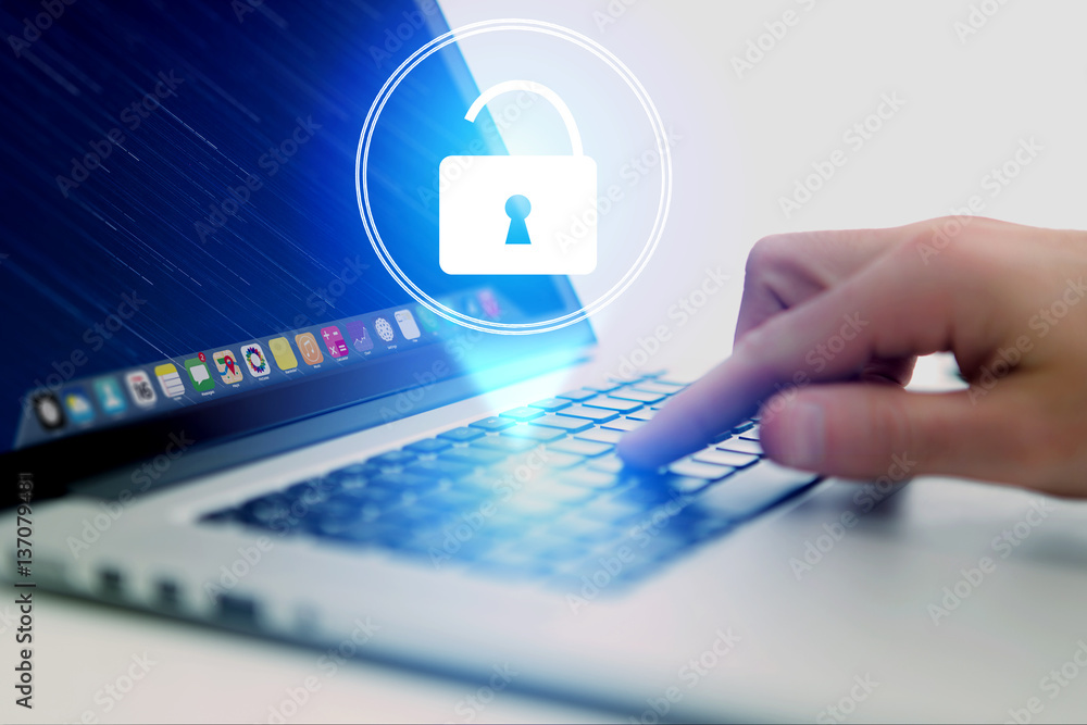 Poster security concept with a locker open on an internet application -