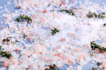 Pink himalayan salt with herb Blue background